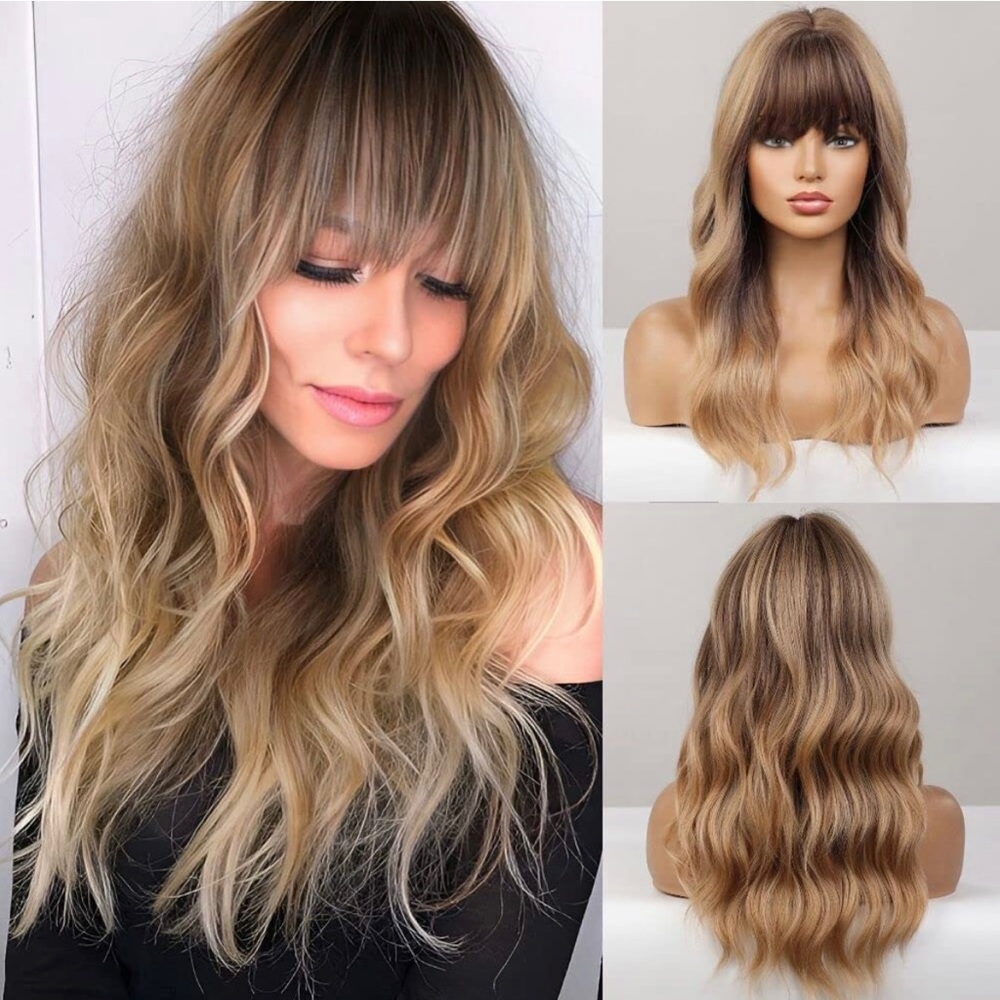 Human hair blend brown blonde ombré wig
